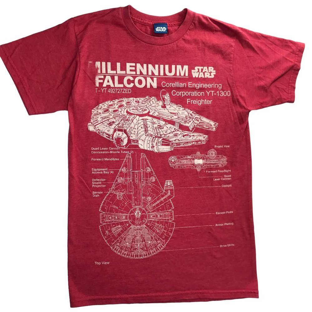 STAR WARS Millenium Falcon T Shirt Short Sleeve Crew Neck.  Red Size Men's Small
